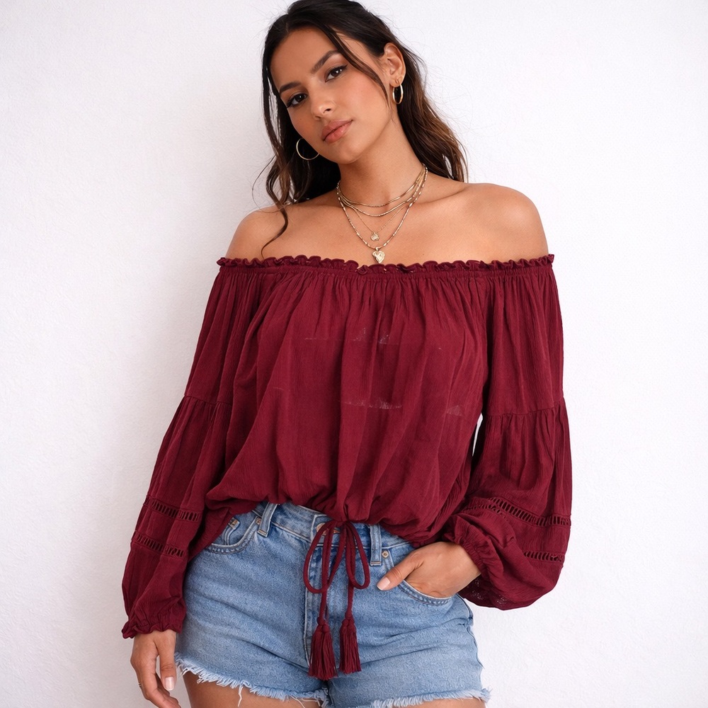 Hollister Burgundy Off Shoulder Boho Blouse Bell Sleeve Lace Trim Small